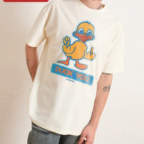 Duck You Funny Cartoon Duck Graphic Tee Sarcastic Pun Shirt for Adults on a hanger, ready to ship from Chicago, Illinois
