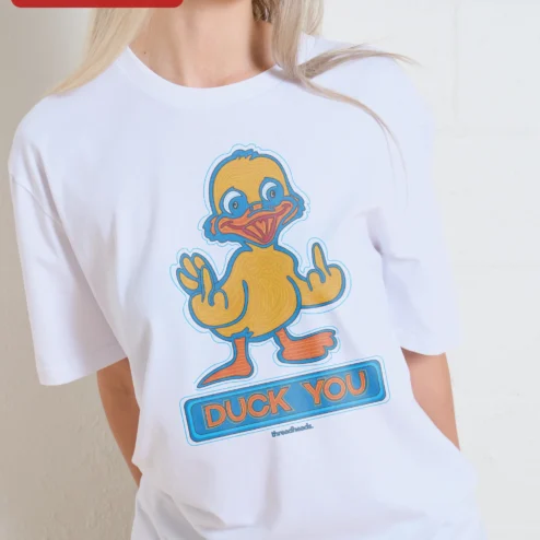 Customer in Chicago, Illinois wearing Duck You Funny Cartoon Duck Graphic Tee Sarcastic Pun Shirt for Adults