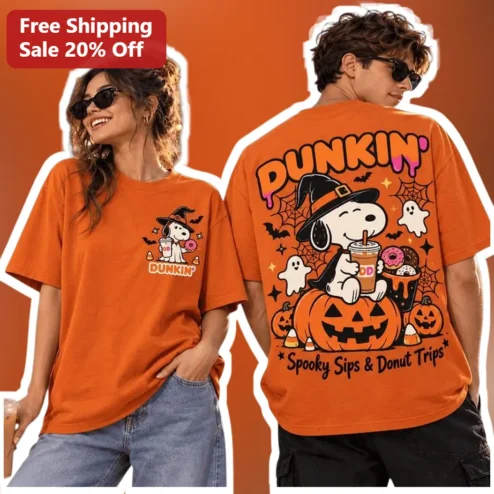 Dunkin Spooky Sips Snoopy Tee Halloween Peanuts Coffee Donut Graphic Shirt
