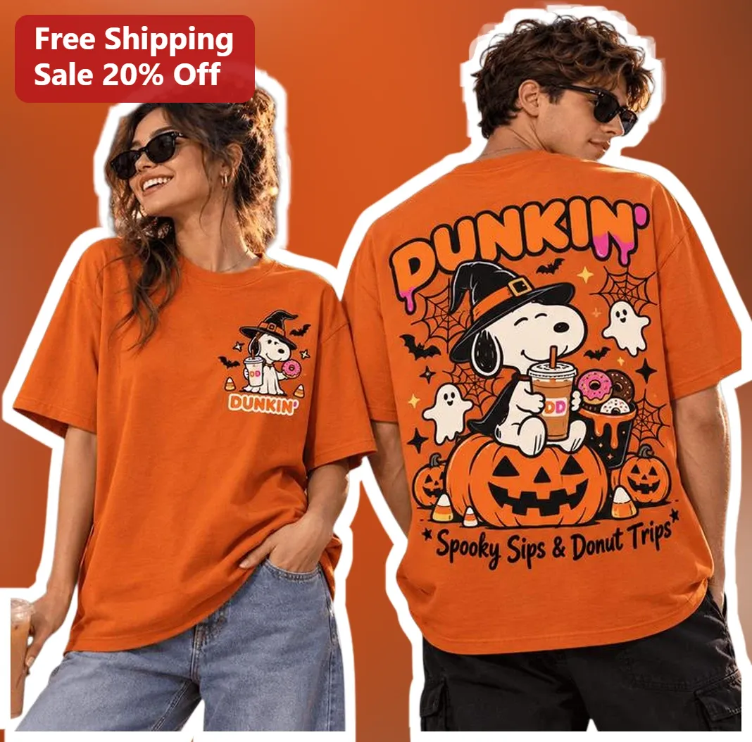 Dunkin Spooky Sips Snoopy Tee Halloween Peanuts Coffee Donut Graphic Shirt