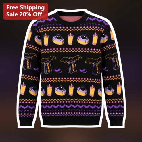 Dunkin Ugly Christmas Sweater Halloween Pixel Art Coffee Lover Gift Crewneck