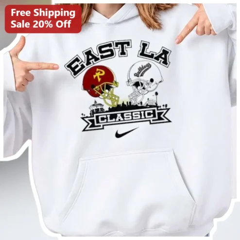 East LA Classic Hoodie Varsity Football Rivalry Design Retro Athletic Sweatshirt for High School Fan available at our Chicago, Illinois warehouse