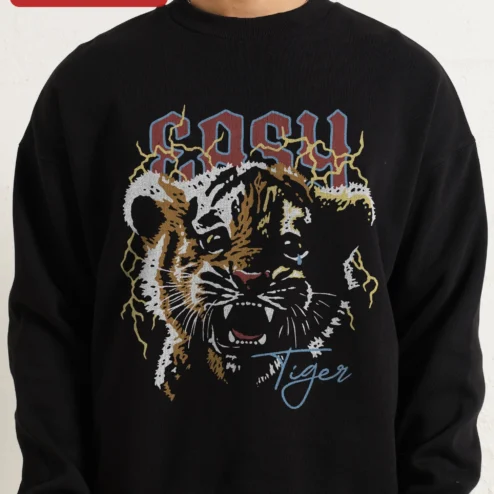 Easy Tiger Sweatshirt Retro Distressed Roaring Tiger Graphic Crewneck for Women Vintage Streetwear A on a hanger, ready to ship from Chicago, Illinois