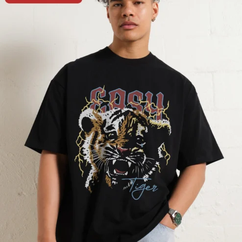 EASY Tiger Tee Vintage Distressed Graphic T-Shirt for Women Streetwear on a hanger, ready to ship from Chicago, Illinois