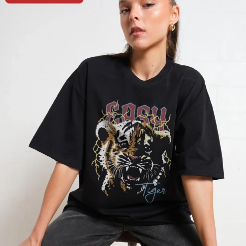 EASY Tiger Tee Vintage Distressed Graphic T-Shirt for Women Streetwear