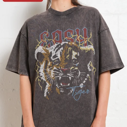 Easy Tiger Vintage Graphic Tee Men's Acid Wash Streetwear Shirt on a hanger, ready to ship from Chicago, Illinois