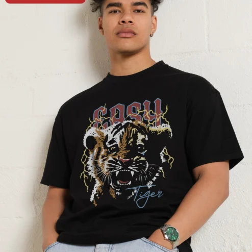 Easy Tiger Vintage Rock Graphic Tee Women Black Distressed Tiger Head Shirt on a hanger, ready to ship from Chicago, Illinois