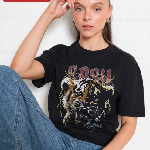 Easy Tiger Vintage Rock Graphic Tee Women Black Distressed Tiger Head Shirt