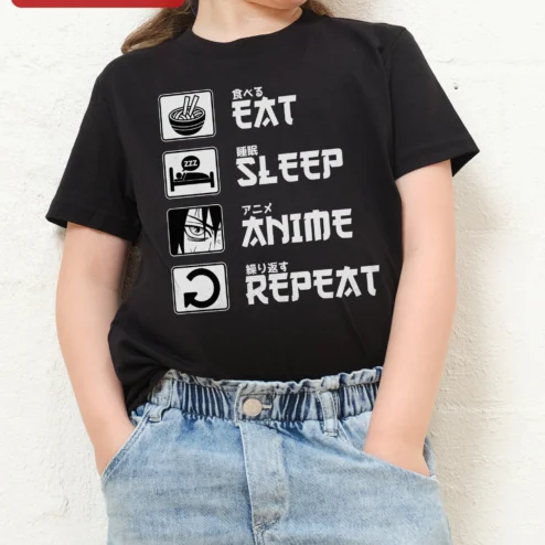 Eat Sleep Anime Repeat Tee Kids Graphic Shirt Otaku Fan Gift