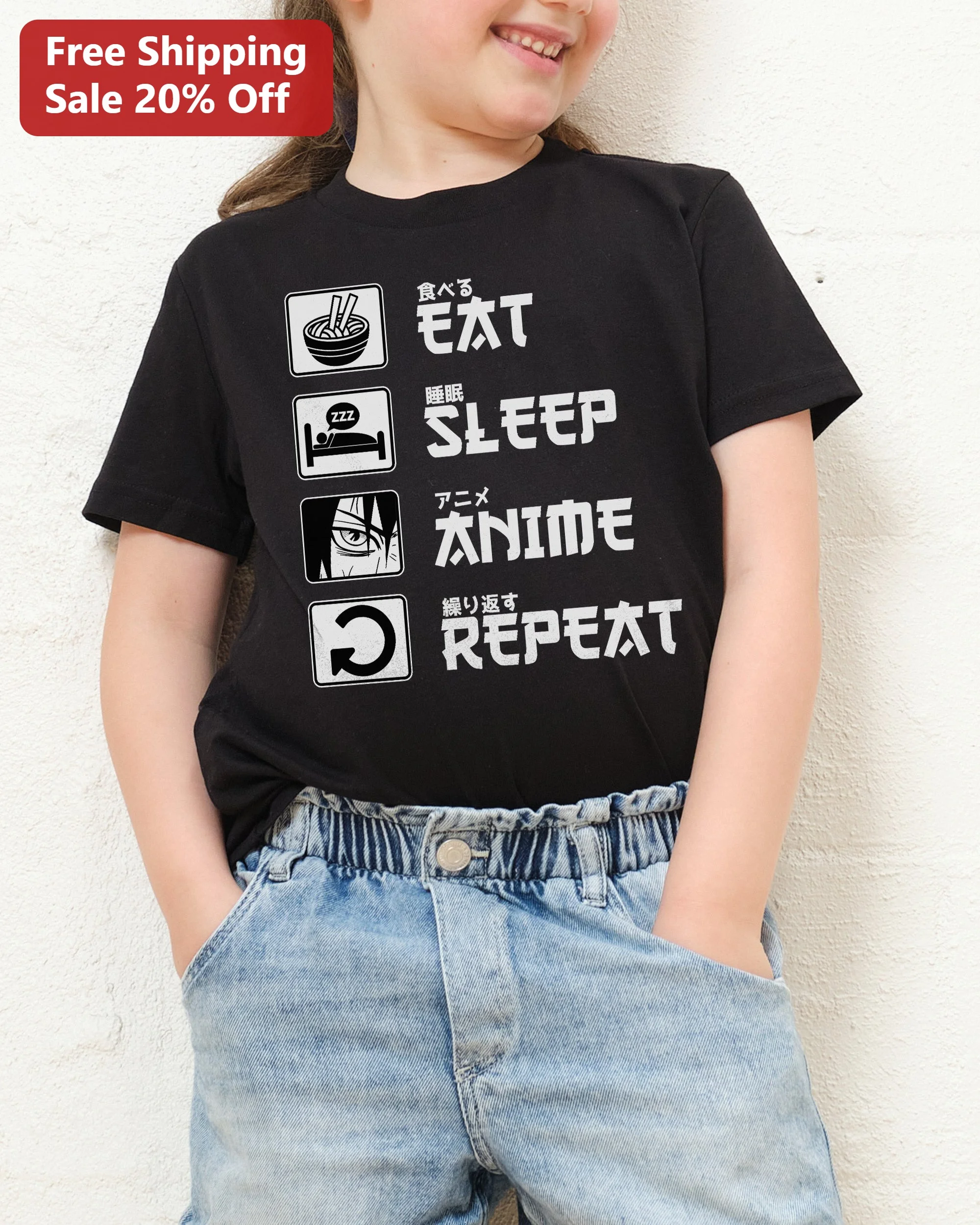 Eat Sleep Anime Repeat Tee Kids Graphic Shirt Otaku Fan Gift