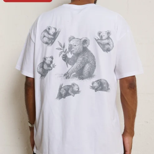 Eat Sleep Repeat Koala Graphic Tee Cute Animal Lover Oversized T-Shirt on a hanger, ready to ship from Chicago, Illinois
