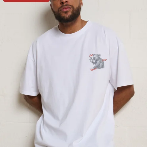 Customer in Chicago, Illinois wearing Eat Sleep Repeat Koala Graphic Tee Cute Animal Lover Oversized T-Shirt