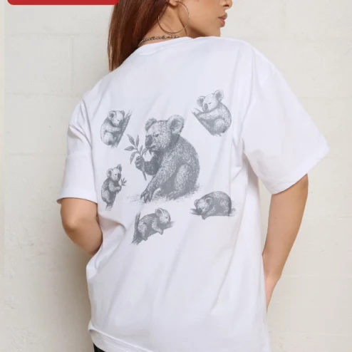 Close-up of Eat Sleep Repeat Koala Graphic Tee Cute Animal Lover Oversized T-Shirt for streetwear fans in Chicago, Illinois