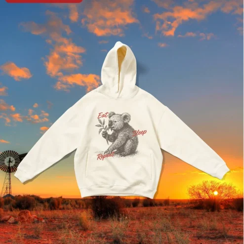 Eat Sleep Repeat Koala Hoodie Vintage Animal Graphic Sweatshirt for Men Women on a hanger, ready to ship from Chicago, Illinois