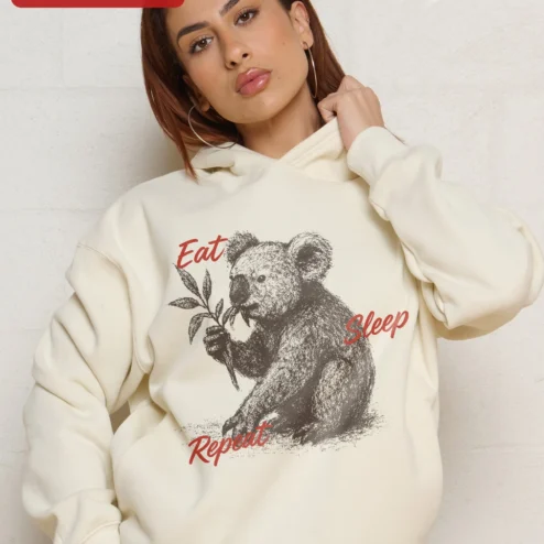 Customer in Chicago, Illinois wearing Eat Sleep Repeat Koala Hoodie Vintage Animal Graphic Sweatshirt for Men Women