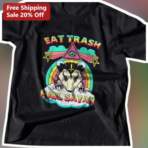 Eat Trash Mail Satan Opossum Graphic Tee Funny Dark Humor Retro Sunset Shirt