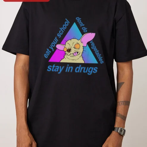 Eat Your School Stay In Drugs Dont Do Vegetables Weird Long Eared Mouse Meme Tee on a hanger, ready to ship from Chicago, Illinois