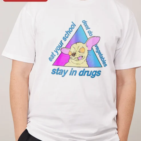 Close-up of Eat Your School Stay In Drugs Dont Do Vegetables Weird Long Eared Mouse Meme Tee for streetwear fans in Chicago, Illinois