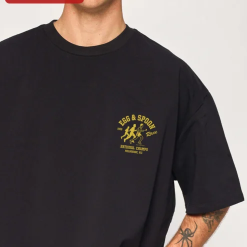 Egg Spoon Race National Champs Melbourne VIC Retro Graphic Tee on a hanger, ready to ship from Chicago, Illinois