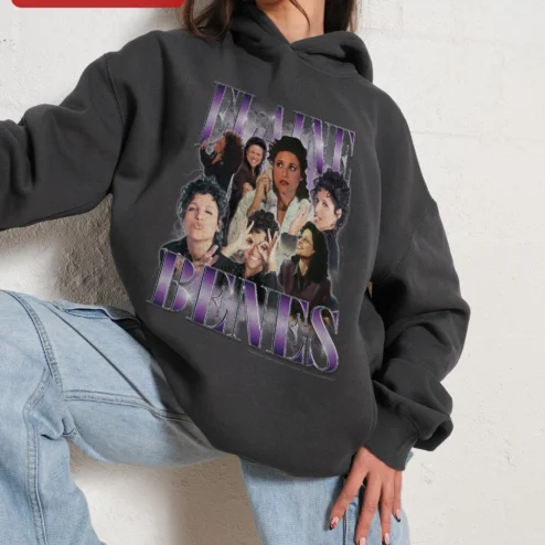 Elaine Benes Hoodie Seinfeld Fans Collage Graphic Sweatshirt Gift for Sitcom Enthusiasts on a hanger, ready to ship from Chicago, Illinois