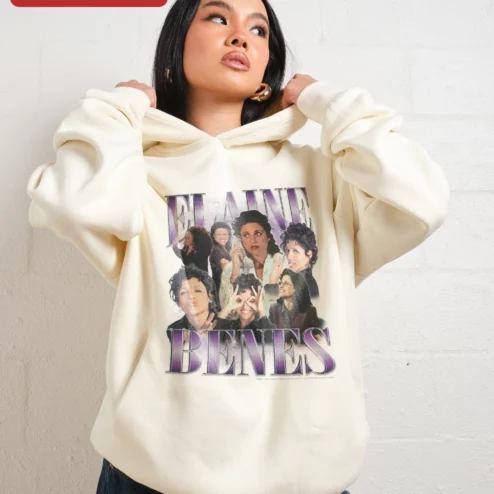 Customer in Chicago, Illinois wearing Elaine Benes Hoodie Seinfeld Fans Collage Graphic Sweatshirt Gift for Sitcom Enthusiasts
