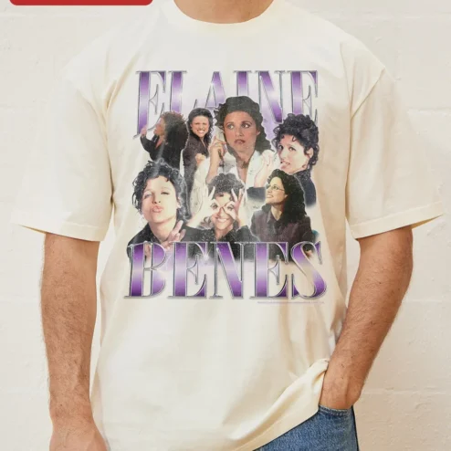 Elaine Benes Seinfeld Fan Art Tee Vintage Sitcom Pop Culture Gift for Women Men on a hanger, ready to ship from Chicago, Illinois