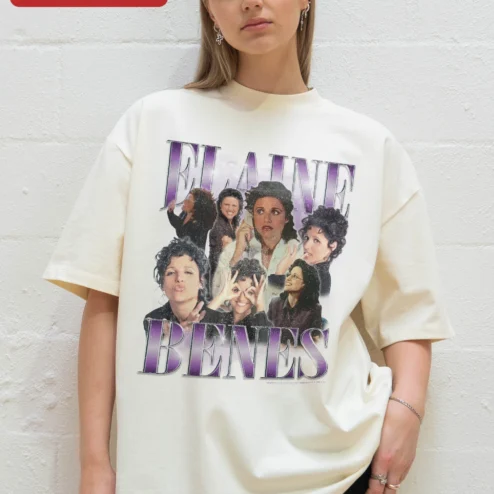 Customer in Chicago, Illinois wearing Elaine Benes Vintage Seinfeld Fan Art Collage Graphic Tee for Women