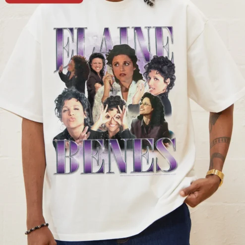 Close-up of Elaine Benes Vintage Seinfeld Fan Art Collage Graphic Tee for Women for streetwear fans in Chicago, Illinois