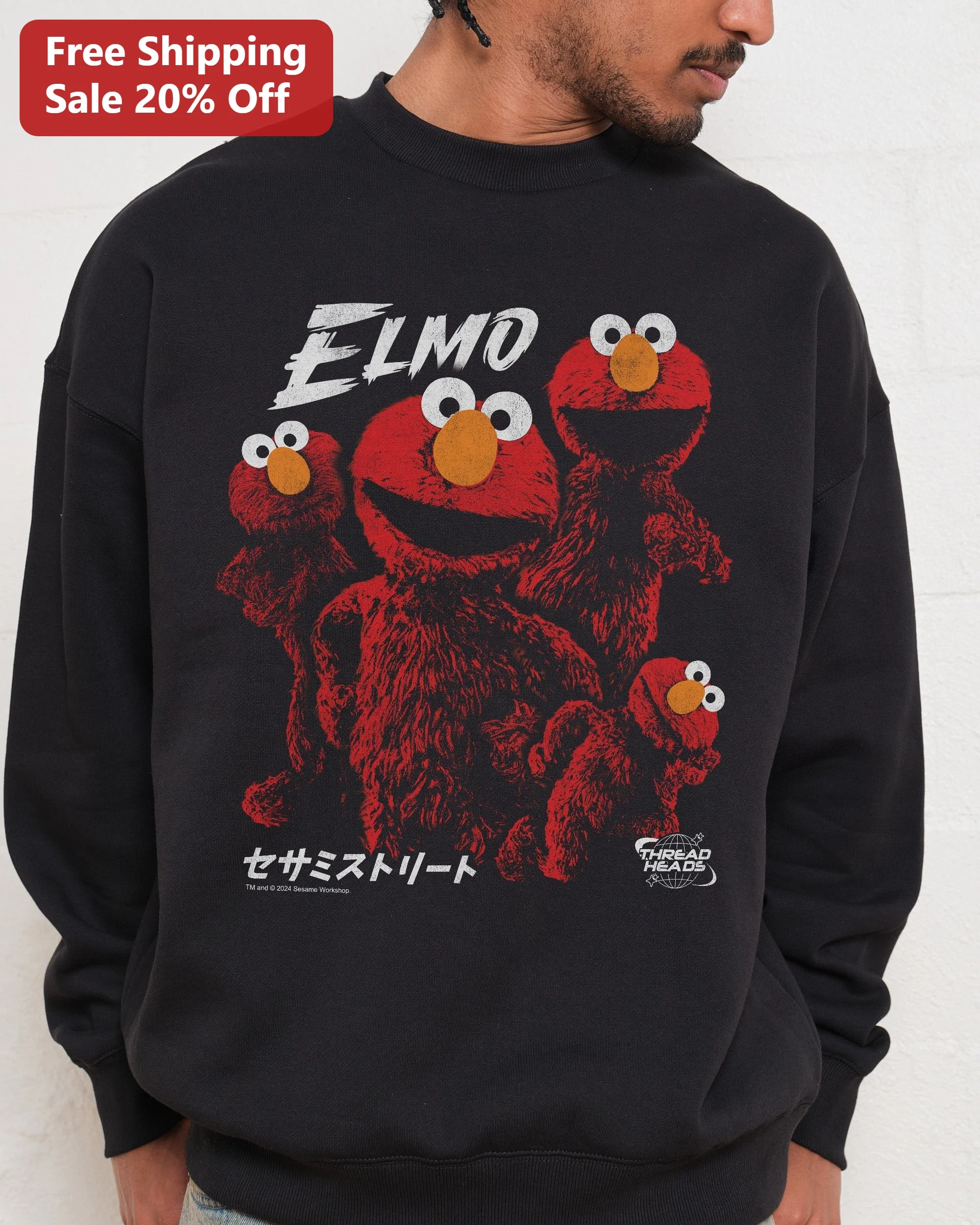 Elmo Sesame Street Crewneck Sweatshirt Vintage Distressed Red Graphic Pullover