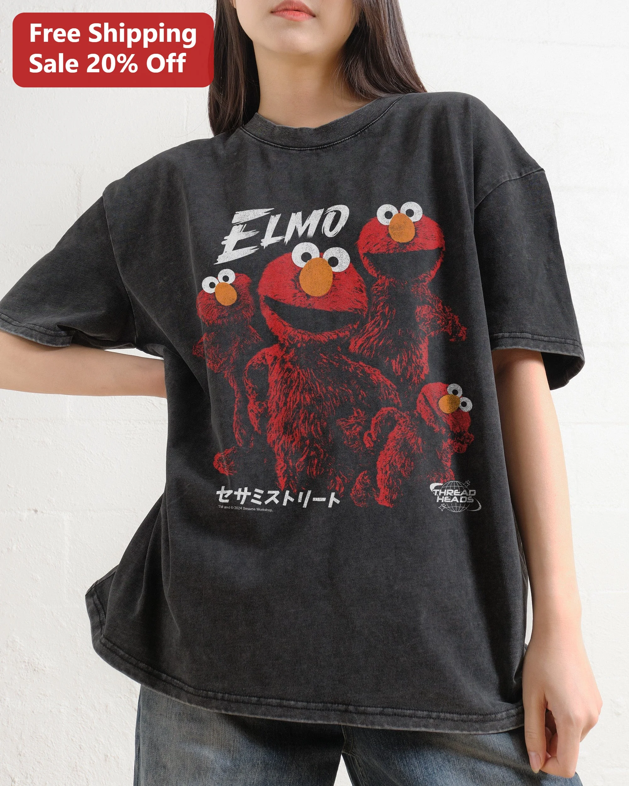 Elmo Sesame Street Graphic Tee Vintage Japanese Streetwear Acid Wash T-Shirt