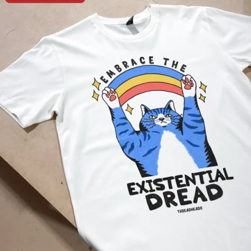 Close-up of Embrace The Existential Dread Cat Tee Dark Humor Graphic T-Shirt Gift for streetwear fans in Chicago, Illinois