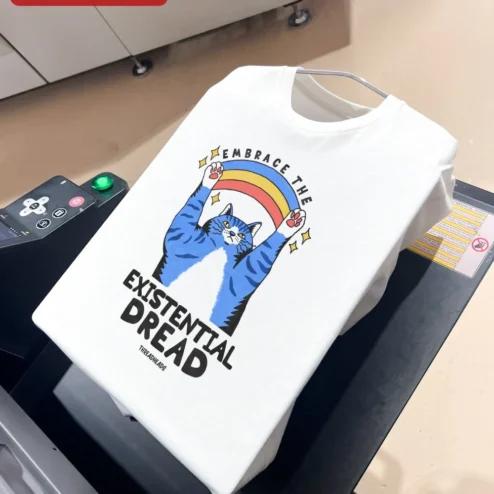 Customer in Chicago, Illinois wearing Embrace The Existential Dread Cat Tee Dark Humor Graphic T-Shirt Gift