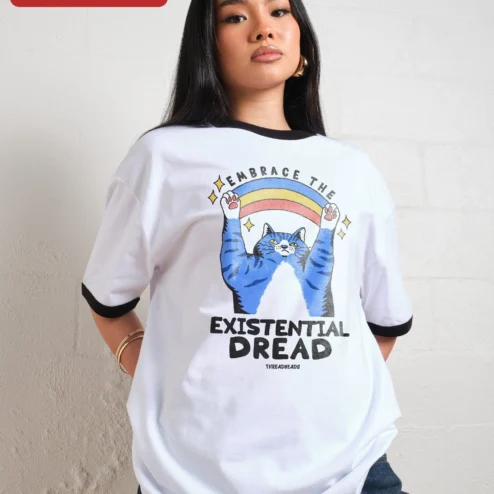 Close-up of Embrace The Existential Dread Cat Tee Dark Humor Graphic T-Shirt Gift for streetwear fans in Chicago, Illinois