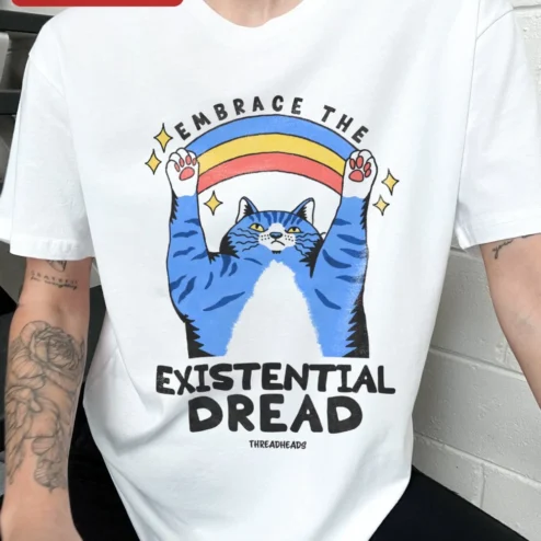 Close-up of Embrace The Existential Dread Cat Tee Dark Humor Graphic T-Shirt Gift for streetwear fans in Chicago, Illinois