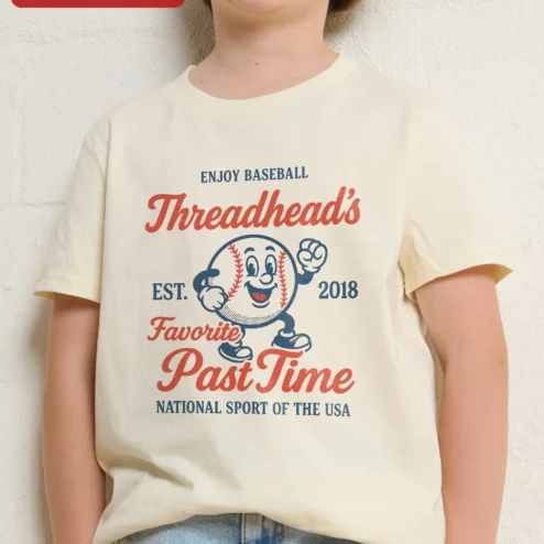 Enjoy Baseball Favorite Pastime National Sport of USA Kids Tee Vintage Cartoon Mascot Shirt on a hanger, ready to ship from Chicago, Illinois