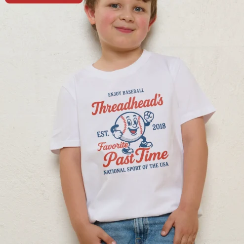 Customer in Chicago, Illinois wearing Enjoy Baseball Favorite Pastime National Sport of USA Kids Tee Vintage Cartoon Mascot Shirt