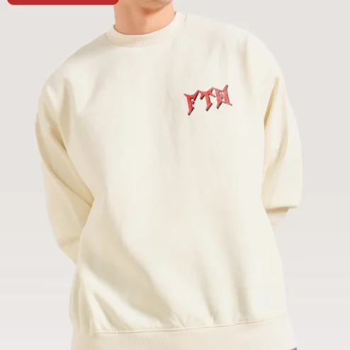 ETA Sweatshirt Black Crewneck with Red Embroidered Logo Streetwear Apparel on a hanger, ready to ship from Chicago, Illinois