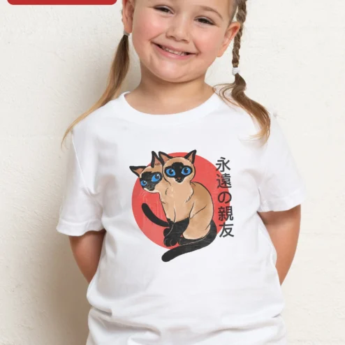 Eternal Best Friend Japanese Cat Graphic Tee Kawaii Siamese Friendship Shirt Gift on a hanger, ready to ship from Chicago, Illinois