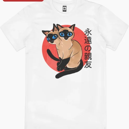 Close-up of Eternal Best Friend Siamese Cats Tee Japanese Kawaii Friendship Gift Shirt for streetwear fans in Chicago, Illinois