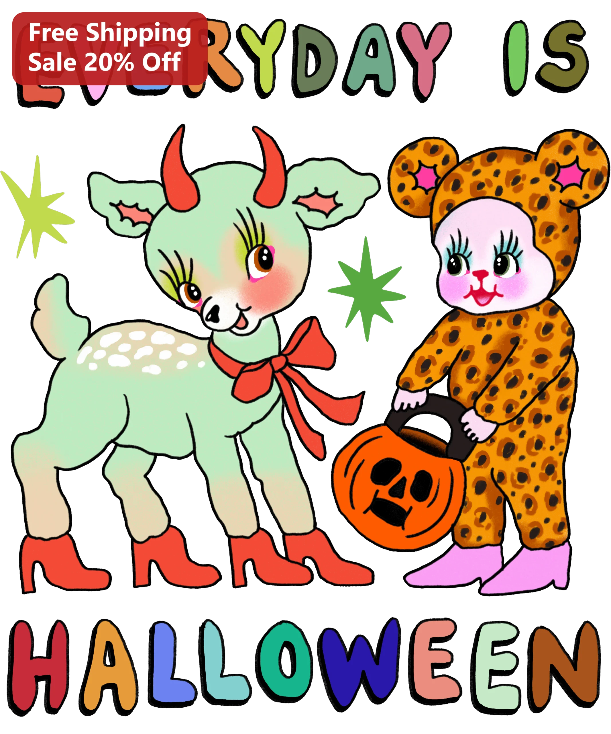 Everyday Is Halloween Tee Cute Kawaii Deer Bunny Vintage Cartoon Graphic Shirt Year Round Spooky Gift