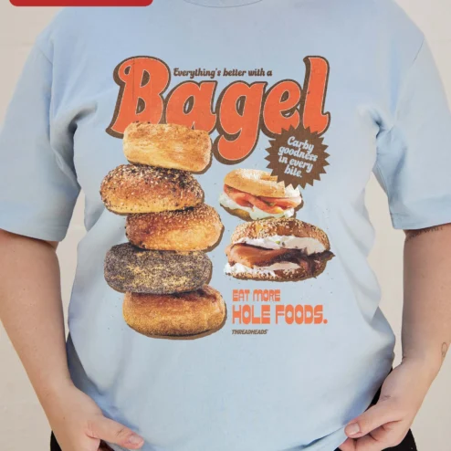 Close-up of Everything's Better With A Bagel Eat More Hole Foods Funny Food Pun Retro Ringer Tee for streetwear fans in Chicago, Illinois