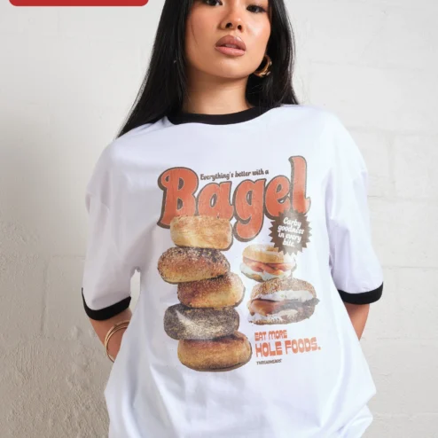 Everything's Better With A Bagel Eat More Hole Foods Funny Food Pun Retro Ringer Tee