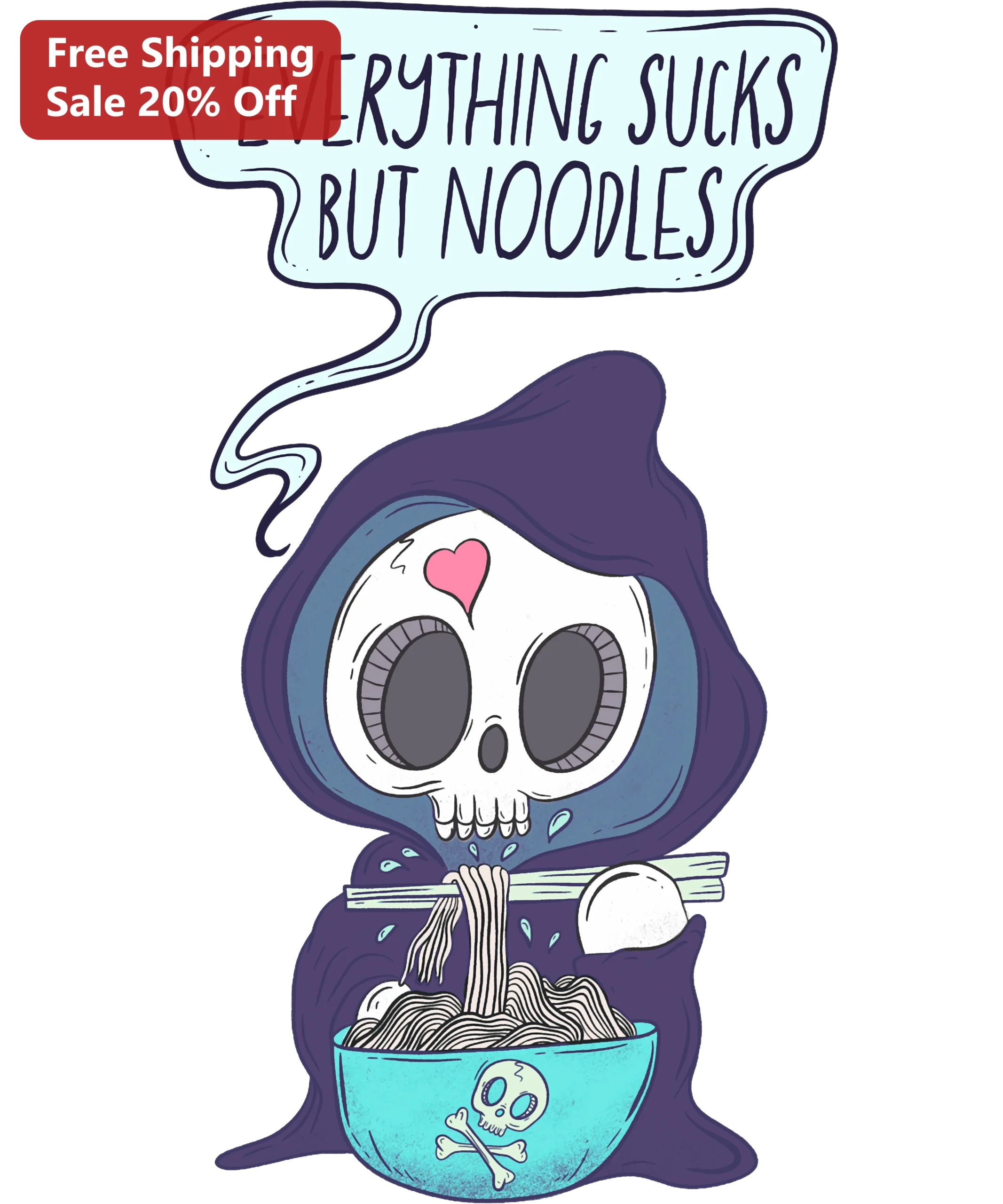 Everything Sucks But Noodles Cute Grim Reaper Kawaii Gothic Tee Funny Ramen Skeleton Graphic Shirt Gift for Foodies