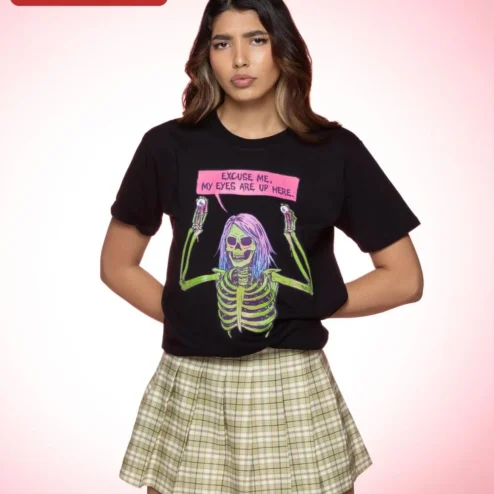 Excuse Me My Eyes Are Up Here Skeleton Graphic Tee Funny Halloween Spooky Humor Shirt for Women