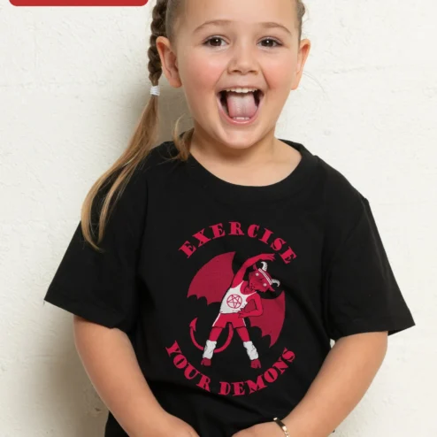 Exercise Your Demons Tee Funny Gym Humor Devil Graphic T-Shirt for Kids Men Women