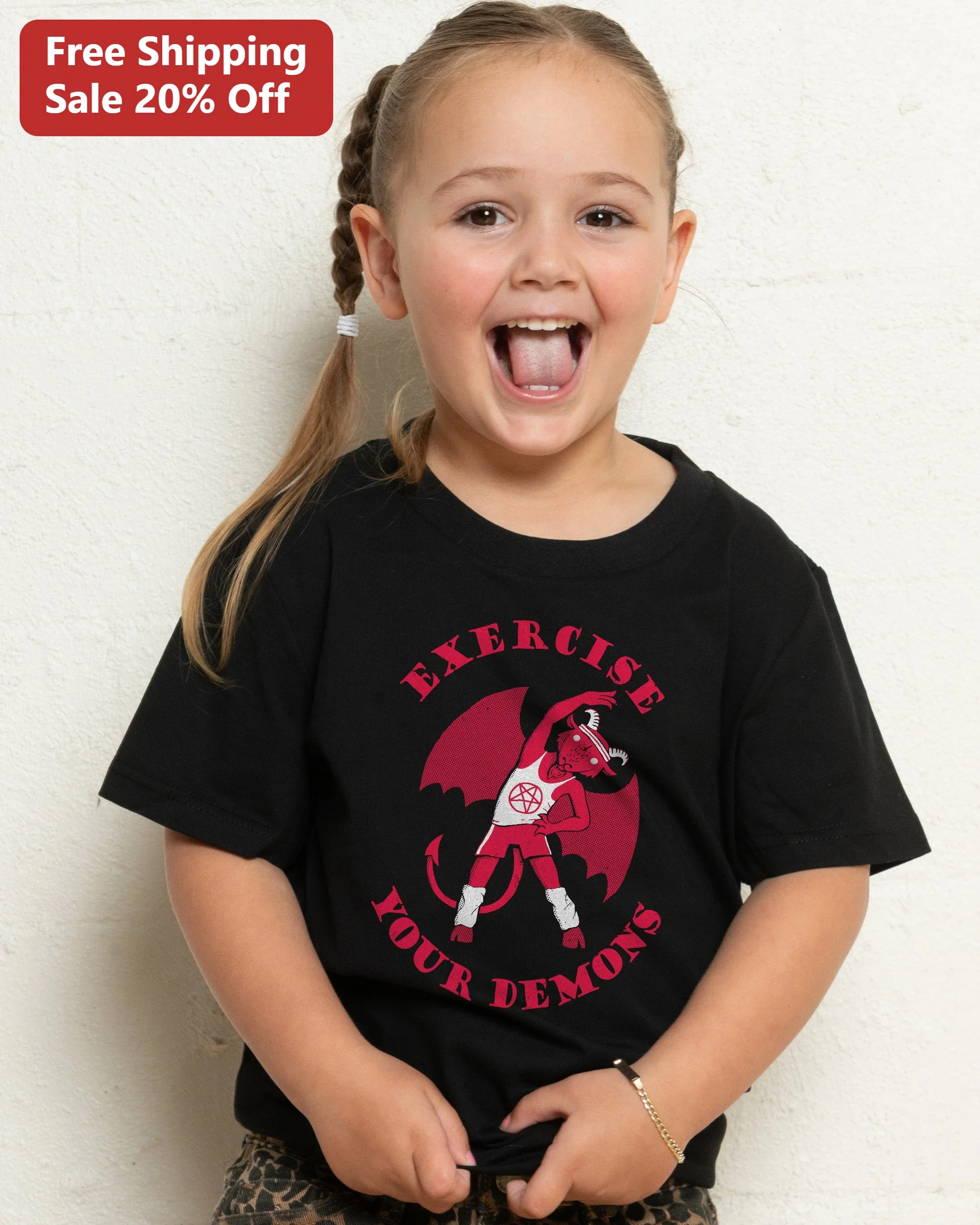 Exercise Your Demons Tee Funny Gym Humor Devil Graphic T-Shirt for Kids Men Women