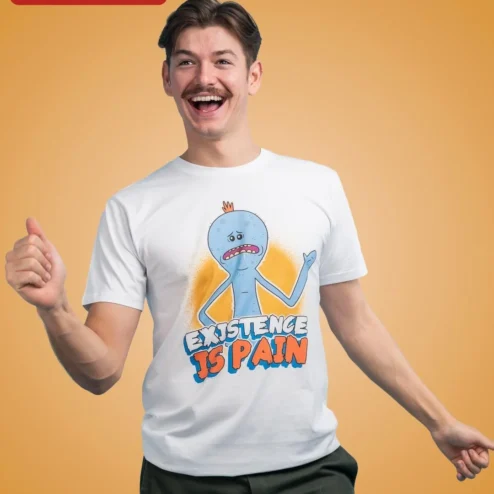 Existence is Pain Mr Meeseeks Rick and Morty Graphic Tee for Men Women on a hanger, ready to ship from Chicago, Illinois