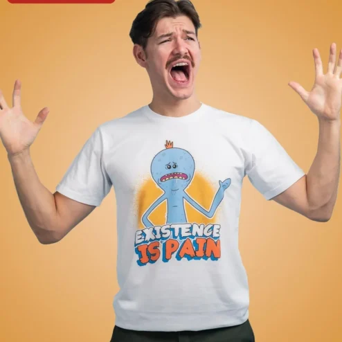 Customer in Chicago, Illinois wearing Existence is Pain Mr Meeseeks Rick and Morty Graphic Tee for Men Women