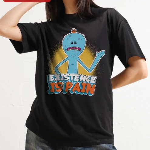 Close-up of Existence is Pain Mr Meeseeks Rick and Morty Graphic Tee for Men Women for streetwear fans in Chicago, Illinois