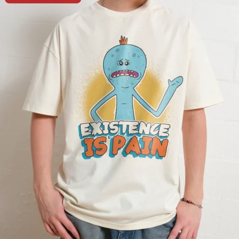 Customer in Chicago, Illinois wearing Existence is Pain Mr Meeseeks Rick and Morty Graphic Tee for Men Women